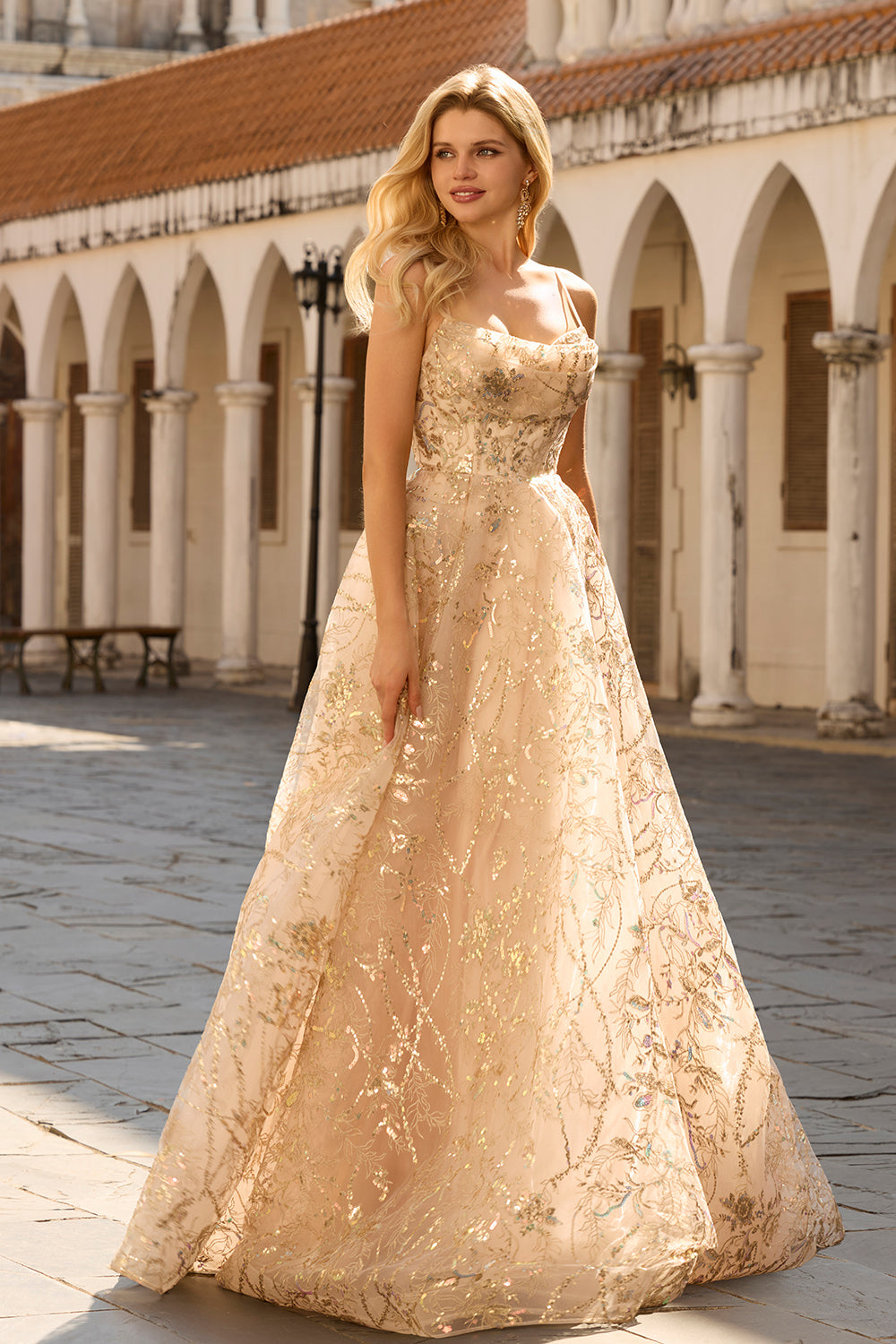 Sparkly Champagne Spaghetti Straps Maxi Prom Dress with Sequins