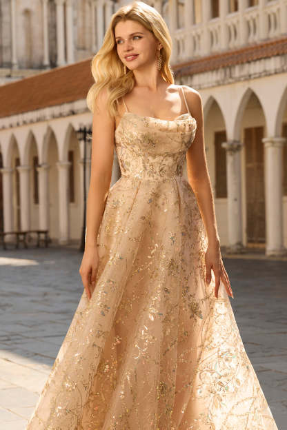 Sparkly Champagne Spaghetti Straps Maxi Prom Dress with Sequins