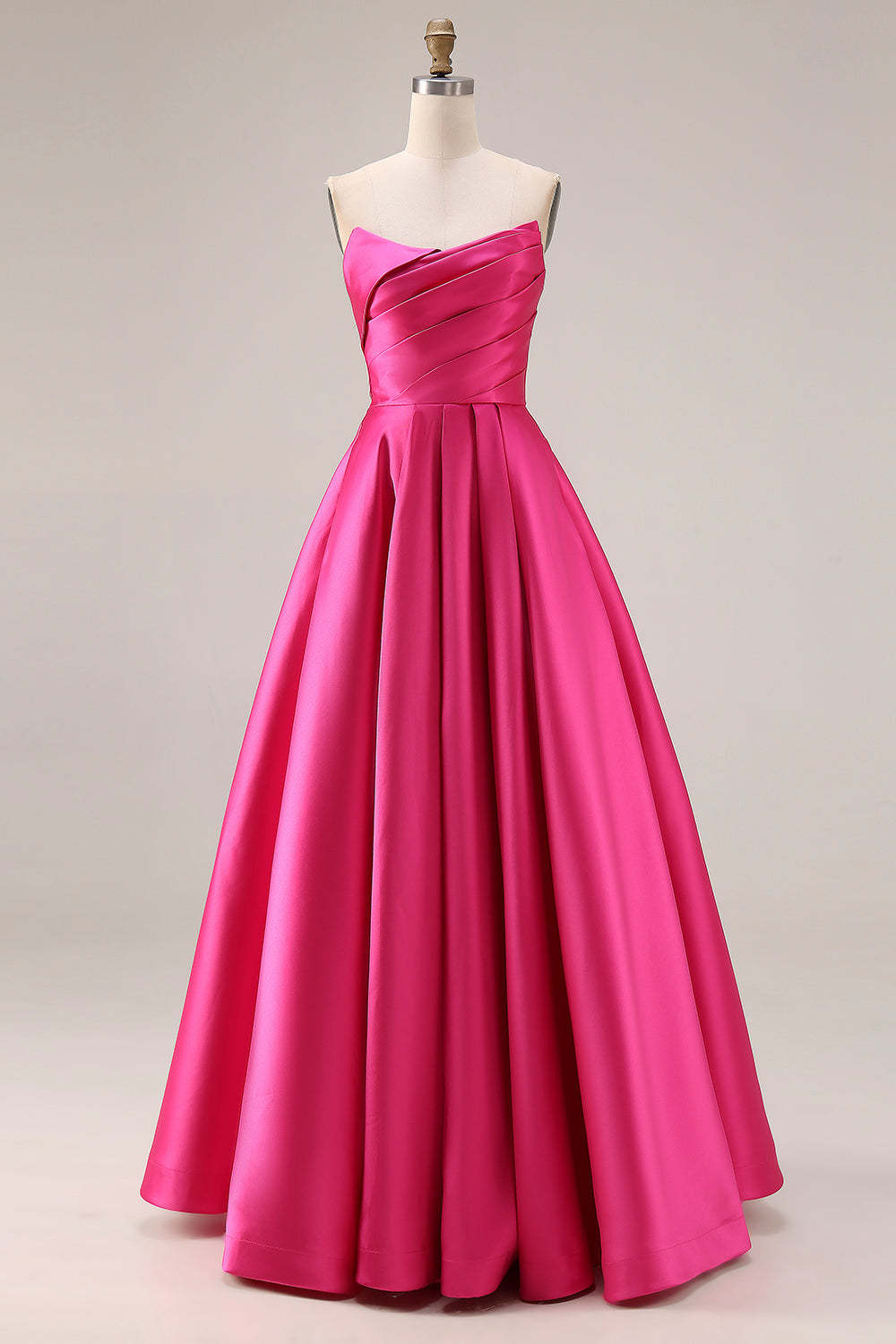 Leely Women Fuchsia Satin Long Prom Dress Strapless Ruched A Line Gala Dress