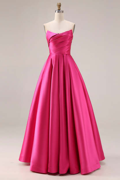 Leely Women Fuchsia Satin Long Prom Dress Strapless Ruched A Line Gala Dress