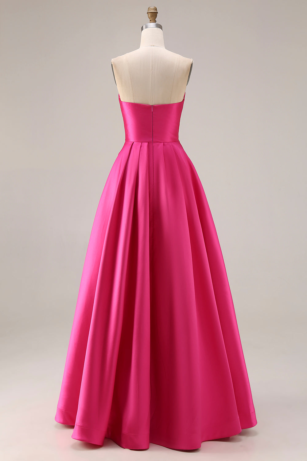 Fuchsia Satin A Line Strapless Ruched Long Prom Dress