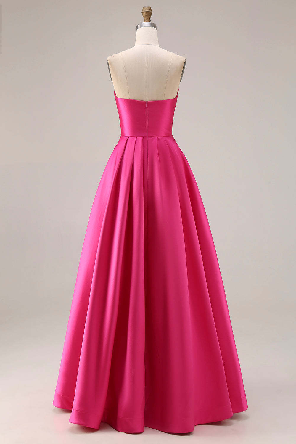 Fuchsia Satin A Line Strapless Ruched Long Prom Dress