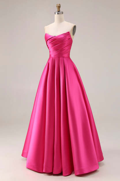 Fuchsia Satin A Line Strapless Ruched Long Prom Dress