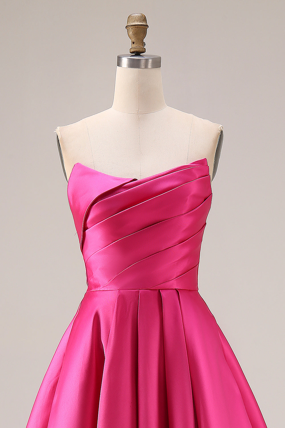 Fuchsia Satin A Line Strapless Ruched Long Prom Dress