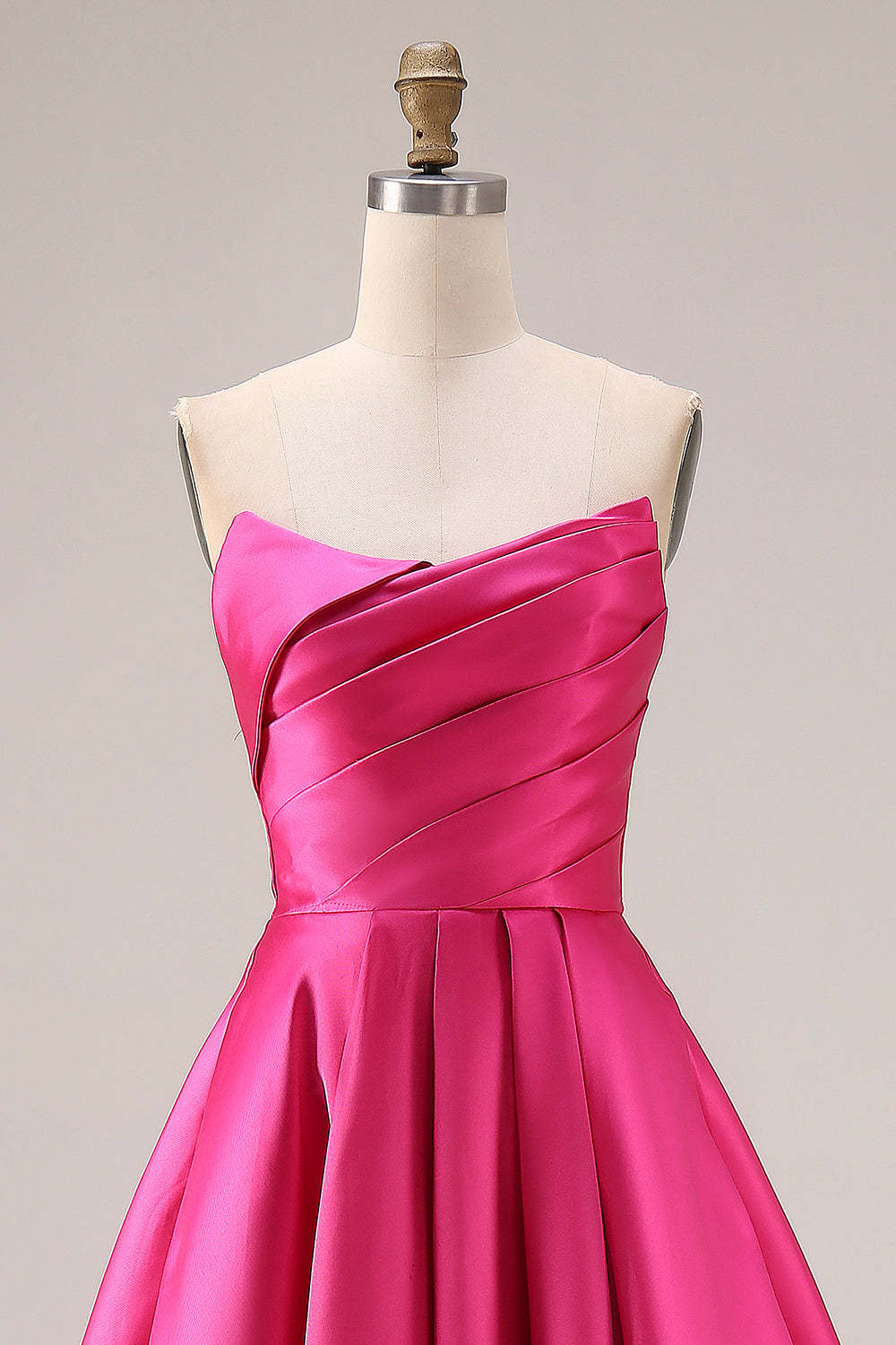 Fuchsia Satin A Line Strapless Ruched Long Prom Dress