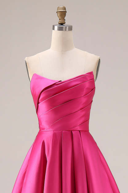 Fuchsia Satin A Line Strapless Ruched Long Prom Dress