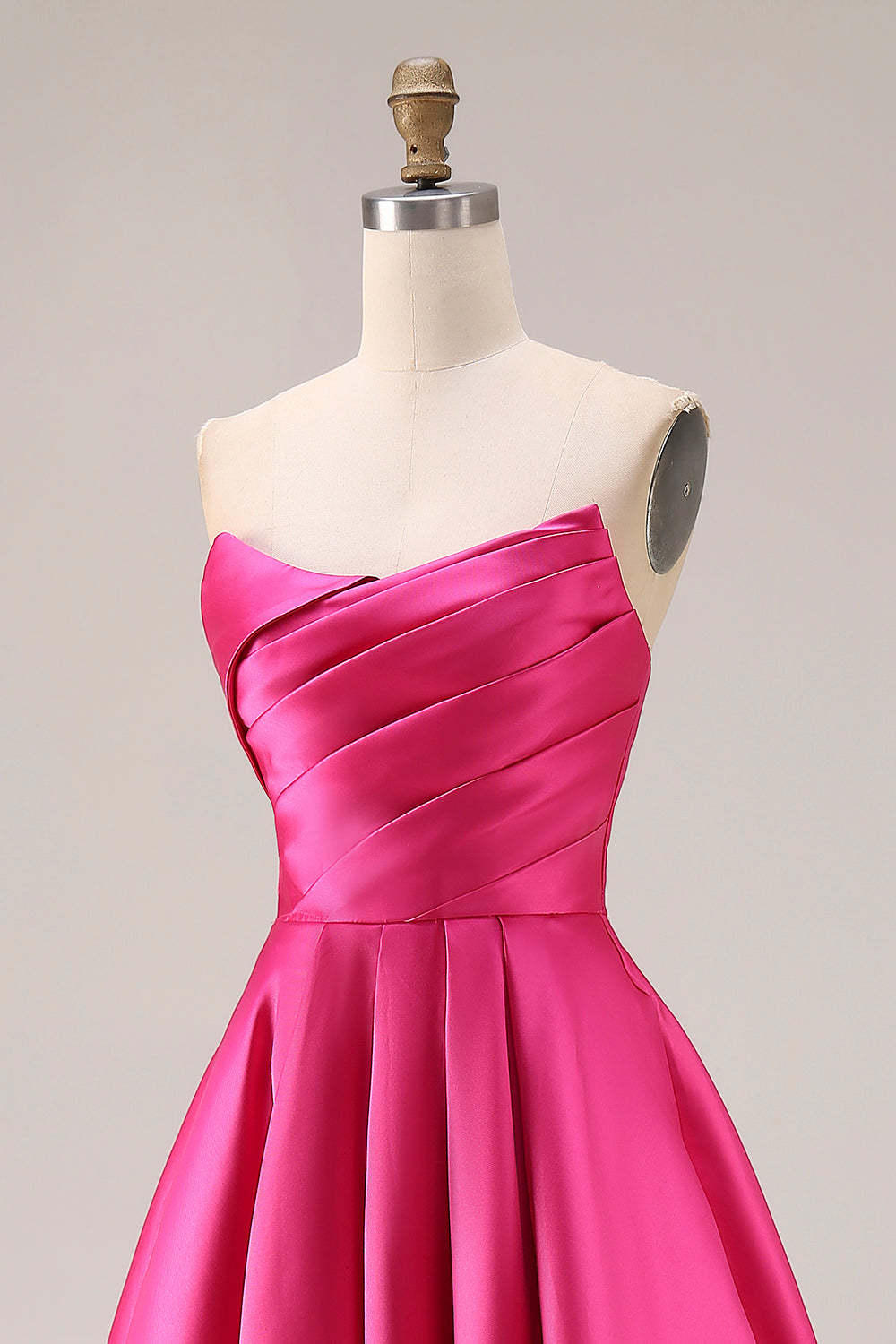 Fuchsia Satin A Line Strapless Ruched Long Prom Dress