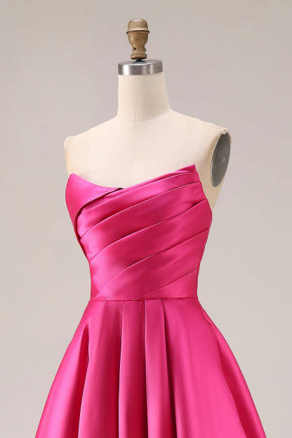 Fuchsia Satin A Line Strapless Ruched Long Prom Dress