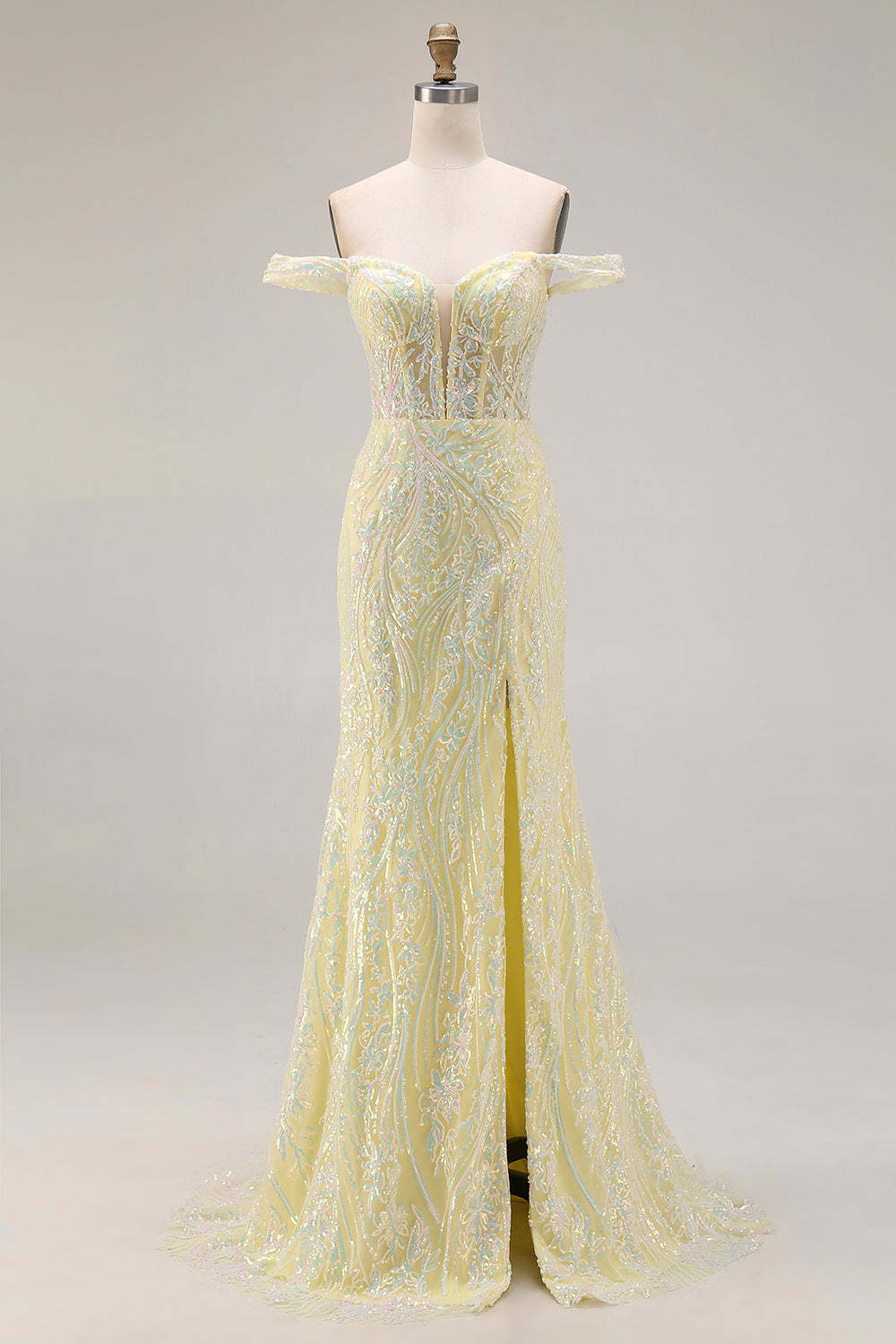 Leely Women Floral Light Yellow Long Corset Prom Dress with Slit Sparkly Mermaid Off the Shoulder Sequin Gala Dress