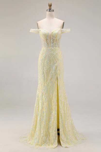 Leely Women Floral Light Yellow Long Corset Prom Dress with Slit Sparkly Mermaid Off the Shoulder Sequin Gala Dress