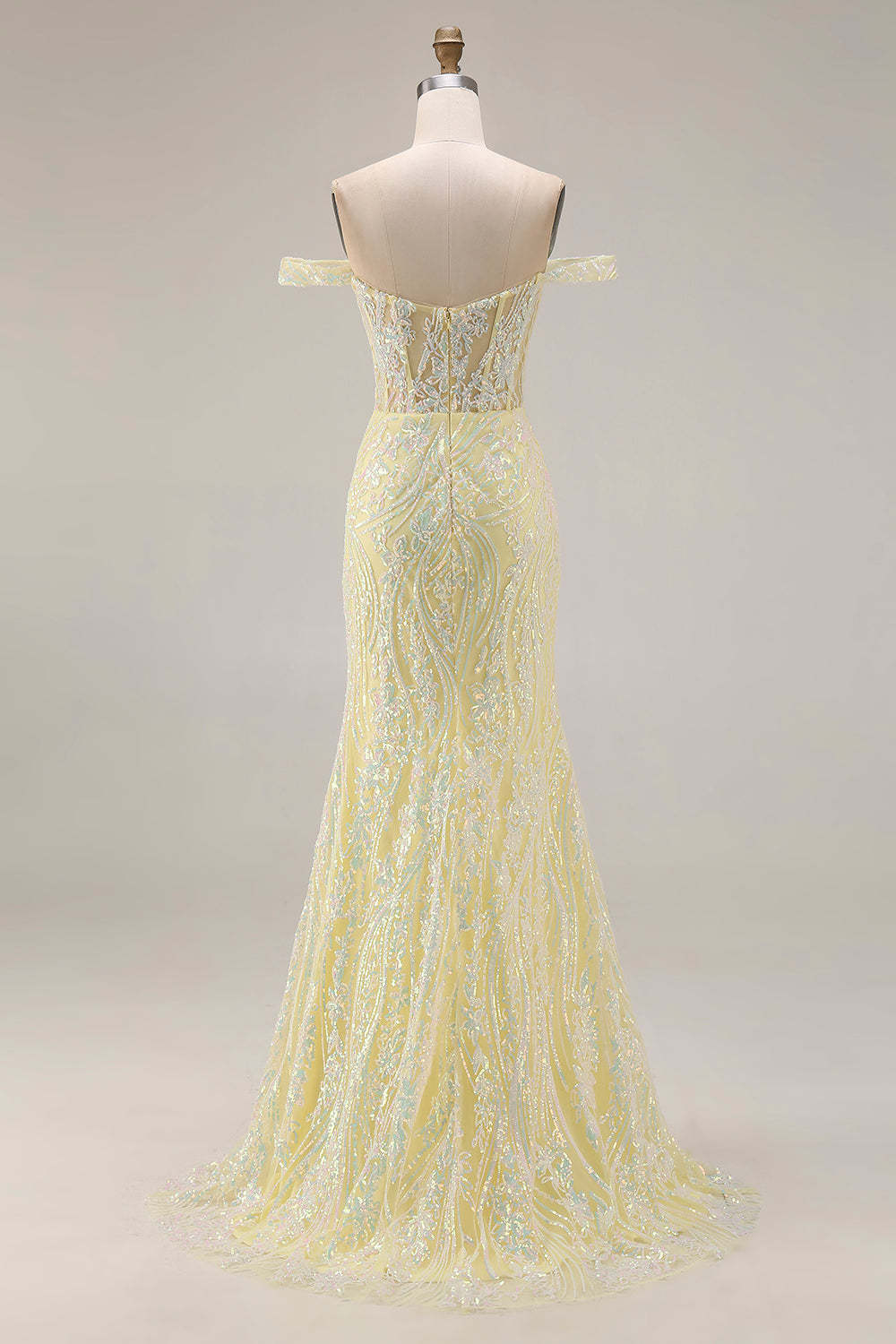 Floral Light Yellow Mermaid Long Corset Prom Dress with Slit