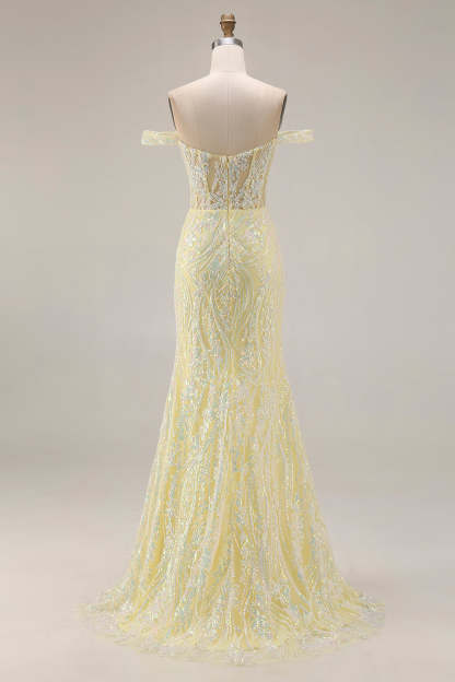 Floral Light Yellow Mermaid Long Corset Prom Dress with Slit