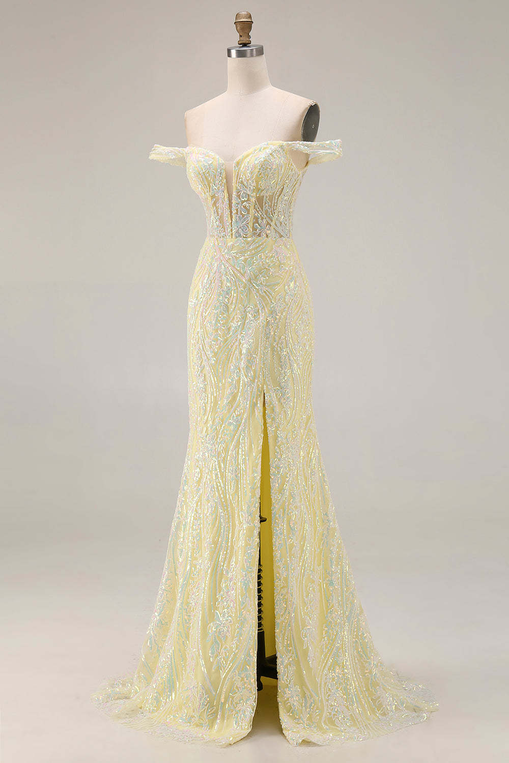 Floral Light Yellow Mermaid Long Corset Prom Dress with Slit