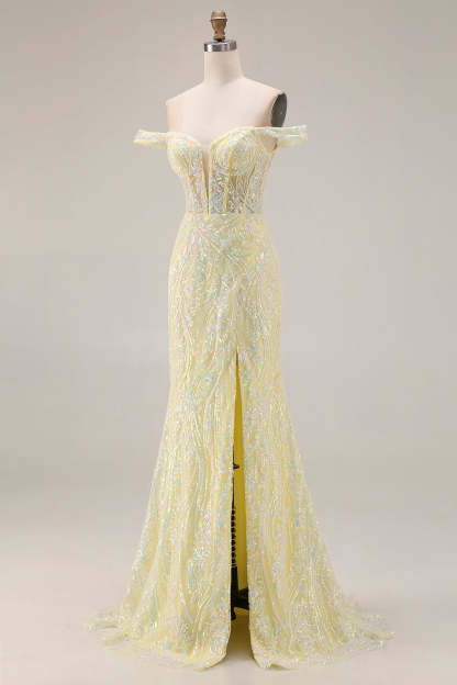 Floral Light Yellow Mermaid Long Corset Prom Dress with Slit