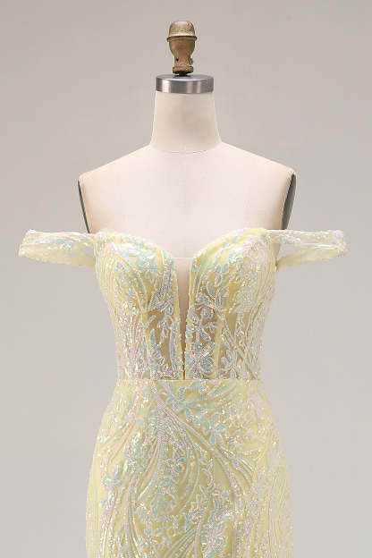 Floral Light Yellow Mermaid Long Corset Prom Dress with Slit