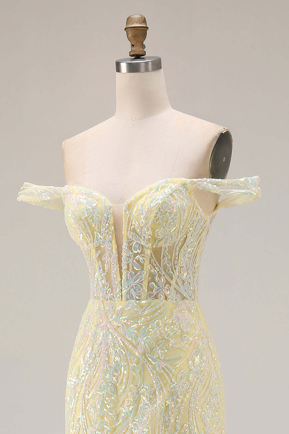 Floral Light Yellow Mermaid Long Corset Prom Dress with Slit