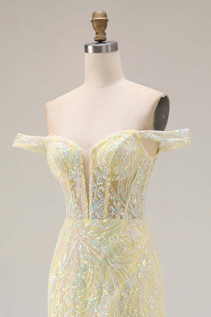 Floral Light Yellow Mermaid Long Corset Prom Dress with Slit