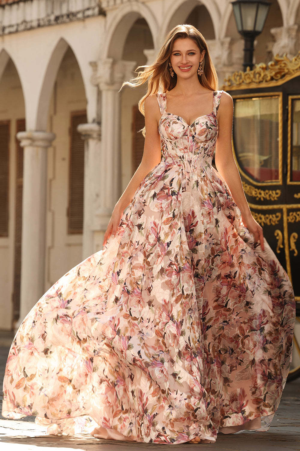 Floral Desert Rose Spaghetti Straps Maxi Corset Prom Dress
