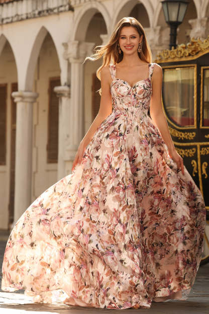Floral Desert Rose Spaghetti Straps Maxi Corset Prom Dress