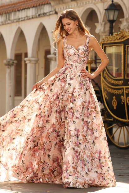 Floral Desert Rose Spaghetti Straps Maxi Corset Prom Dress