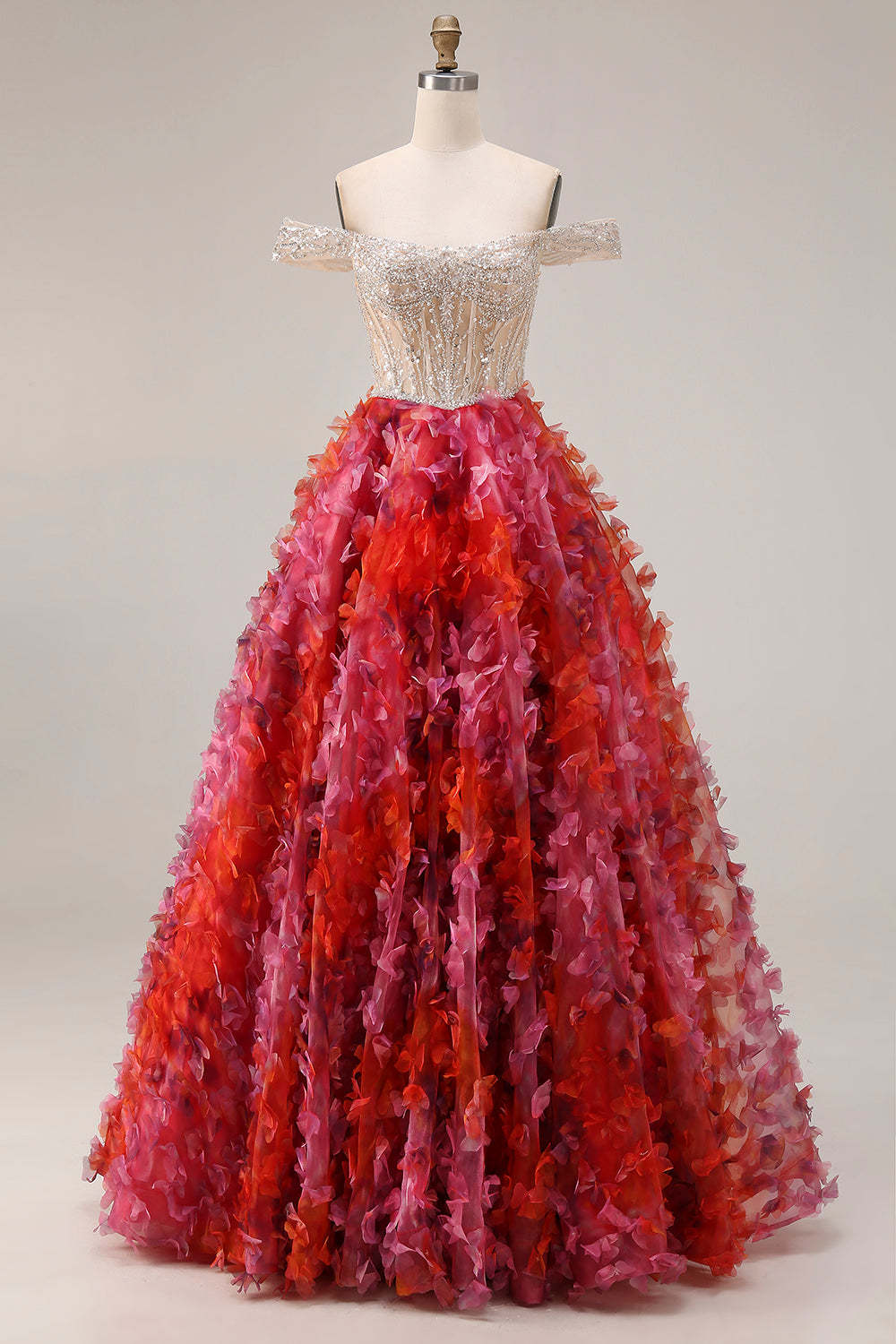 Leely Women Floral Fuchsia and White Long Corset Prom Dress A Line Off the Shoulder Pageant Dress with Beading