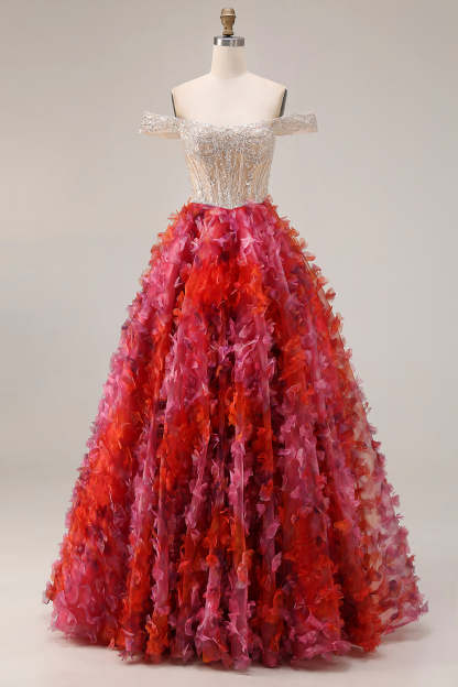 Leely Women Floral Fuchsia and White Long Corset Prom Dress A Line Off the Shoulder Pageant Dress with Beading