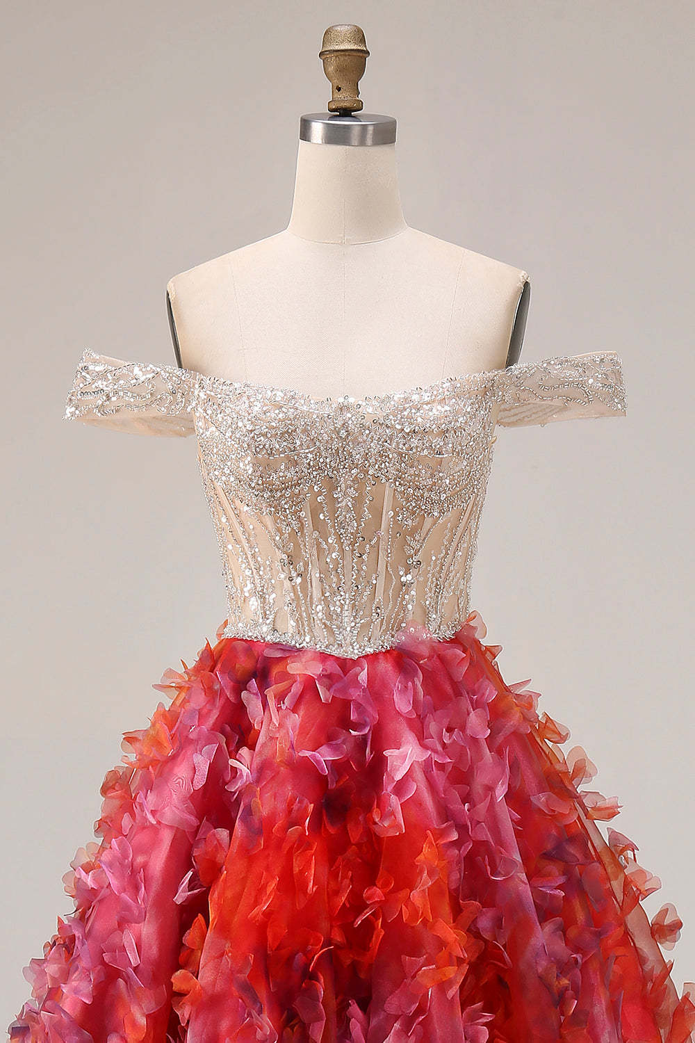 Floral Fuchsia and White Beaded A Line Long Corset Prom Dress