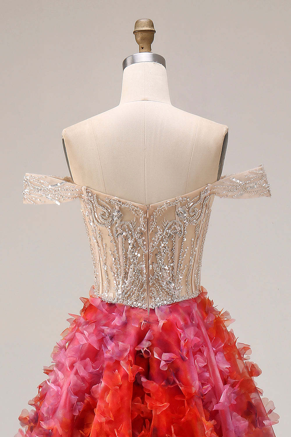 Floral Fuchsia and White Beaded A Line Long Corset Prom Dress