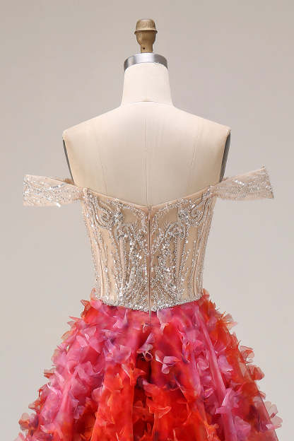Floral Fuchsia and White Beaded A Line Long Corset Prom Dress