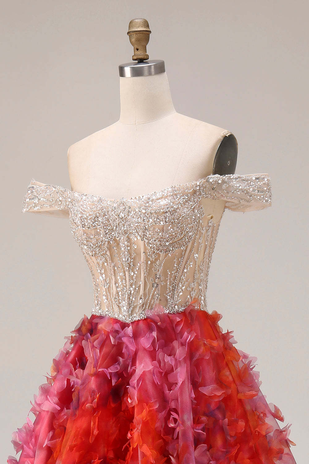 Floral Fuchsia and White Beaded A Line Long Corset Prom Dress