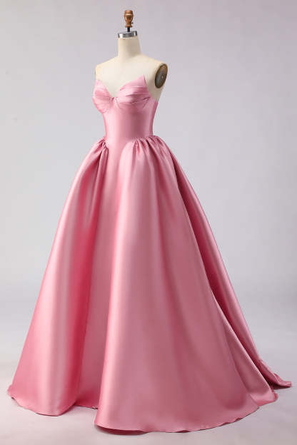 Simple Pink Satin Sweetheart A Line Long Prom Dress
