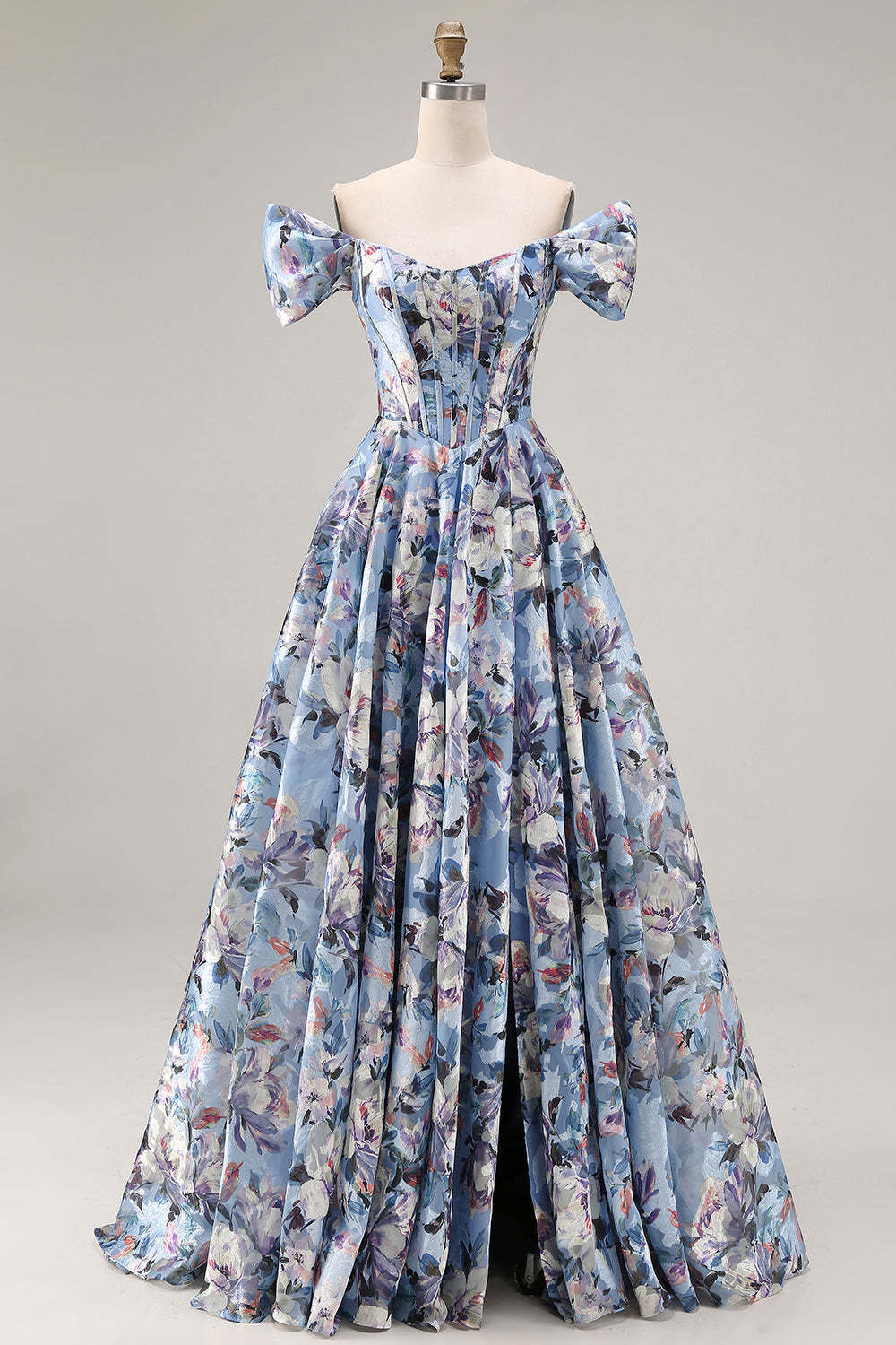 Floral Blue Basque Waist Maxi Corset Prom Dress with Slit