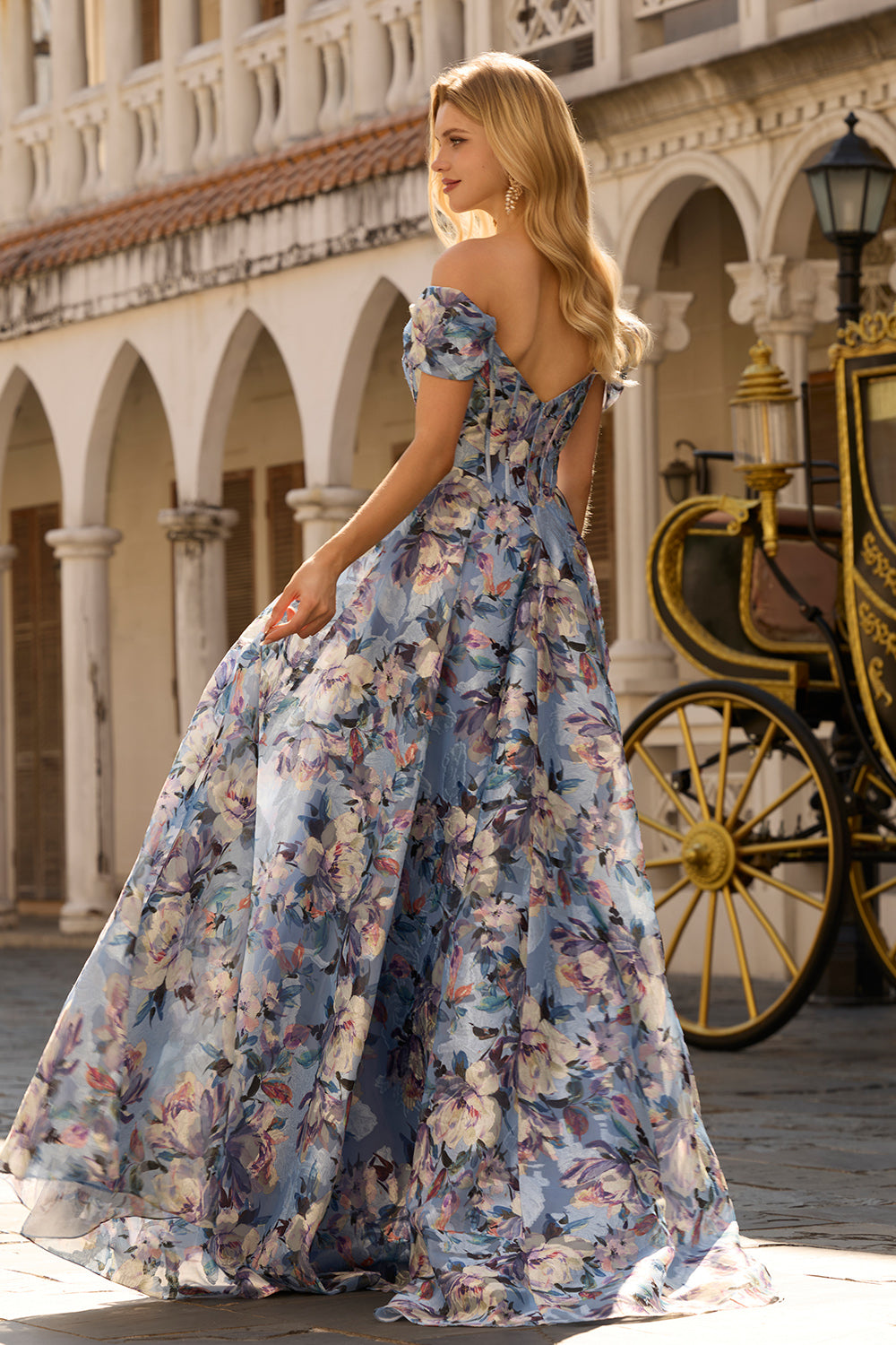 Floral Blue Basque Waist Maxi Corset Prom Dress with Slit