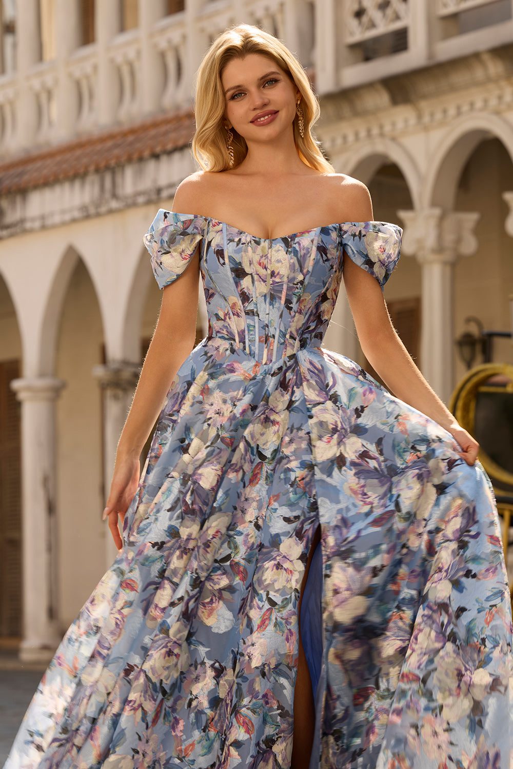Floral Blue Basque Waist Maxi Corset Prom Dress with Slit