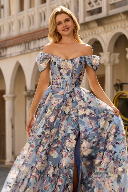 Floral Blue Basque Waist Maxi Corset Prom Dress with Slit