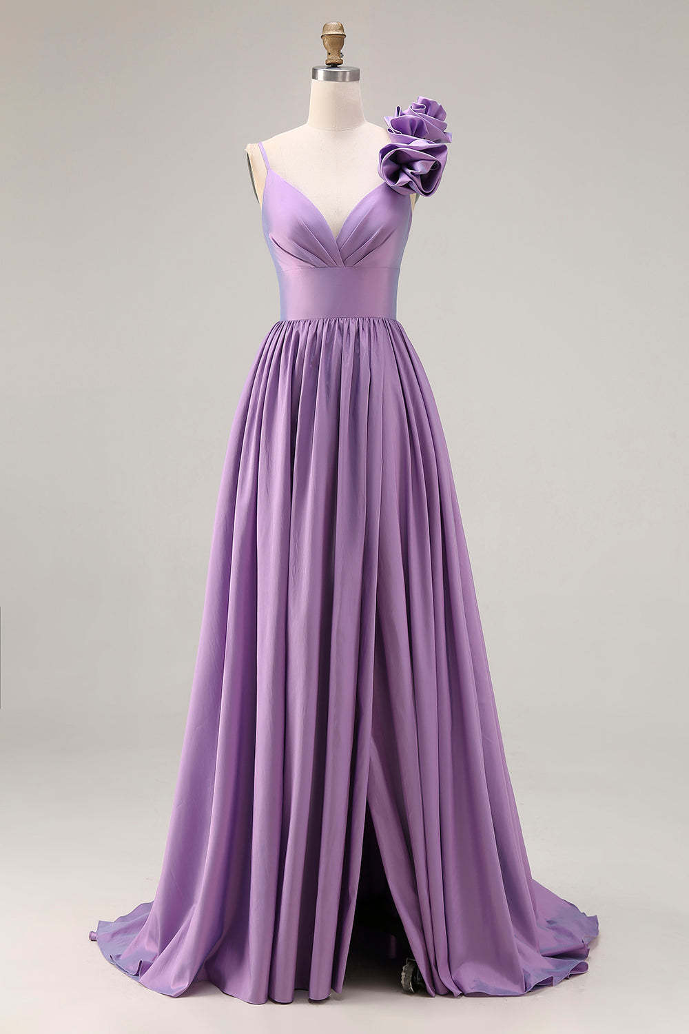 Leely Women Floral Purple Satin Long Prom Dress with 3D Flower Pleated A Line Spaghetti Straps Gala Dress with Slit