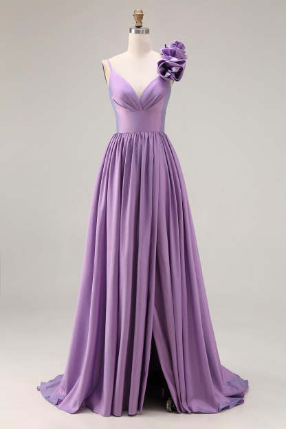 Leely Women Floral Purple Satin Long Prom Dress with 3D Flower Pleated A Line Spaghetti Straps Gala Dress with Slit