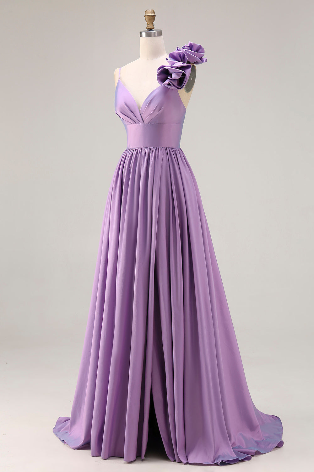 Purple Spaghetti Straps A Line Long Prom Dress with 3D Flower