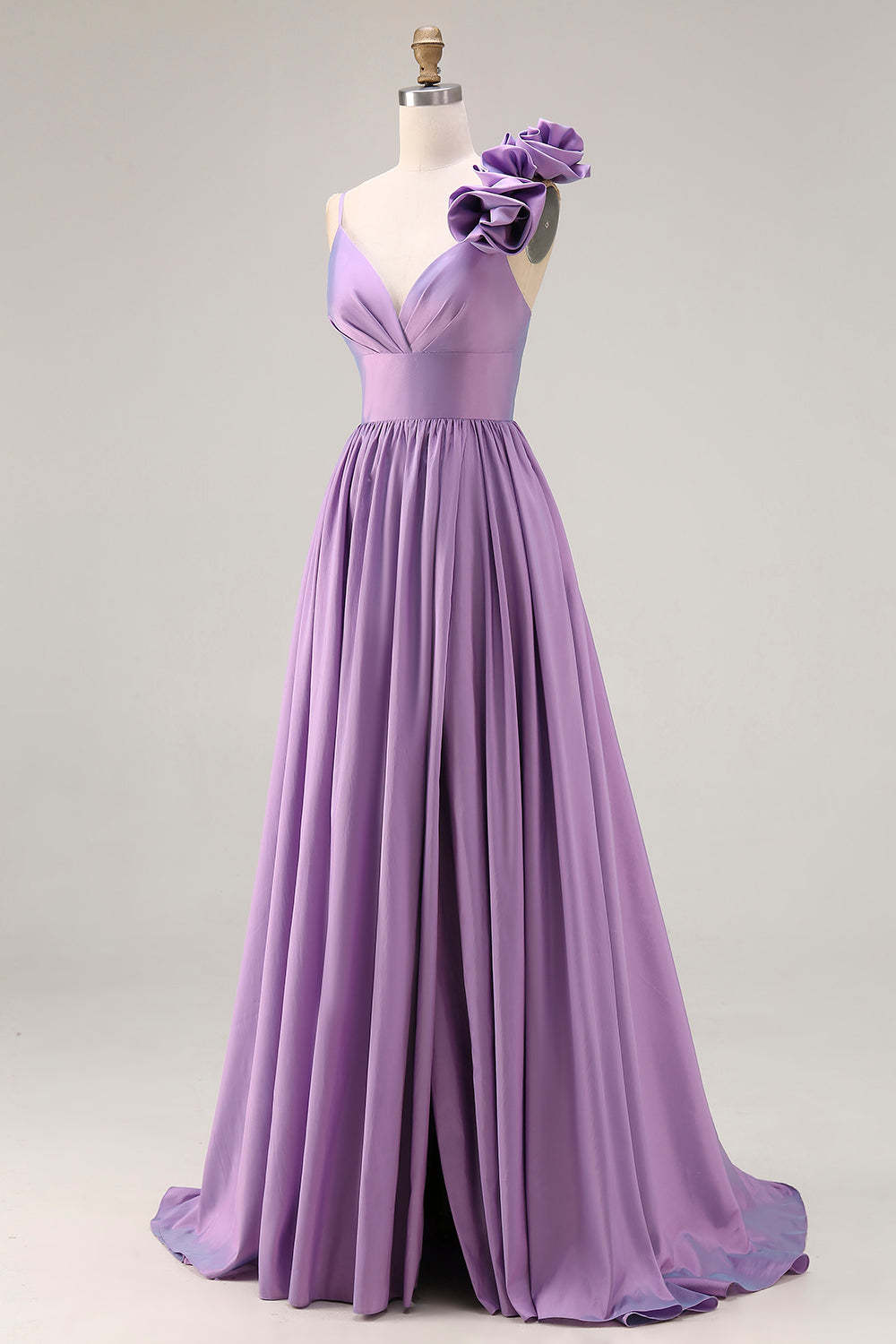 Purple Spaghetti Straps A Line Long Prom Dress with 3D Flower
