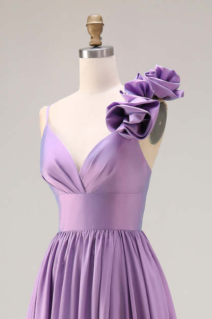 Purple Spaghetti Straps A Line Long Prom Dress with 3D Flower