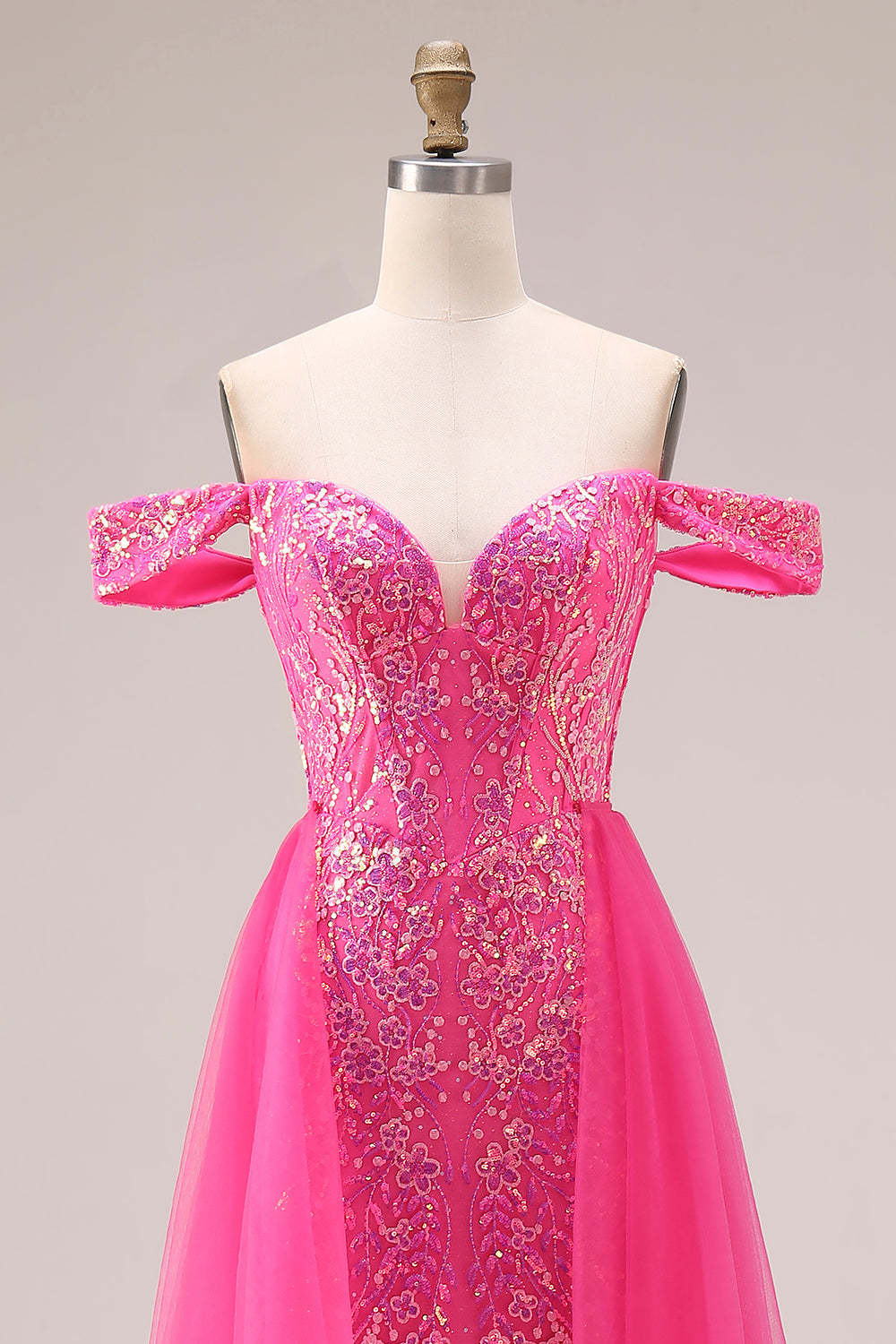 Floral Fuchsia Mermaid Sparkly Off the Shoulder Long Prom Dress with Cape