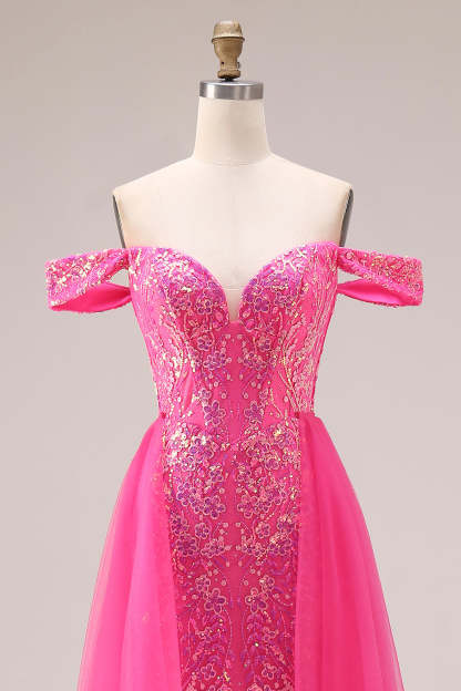 Floral Fuchsia Mermaid Sparkly Off the Shoulder Long Prom Dress with Cape