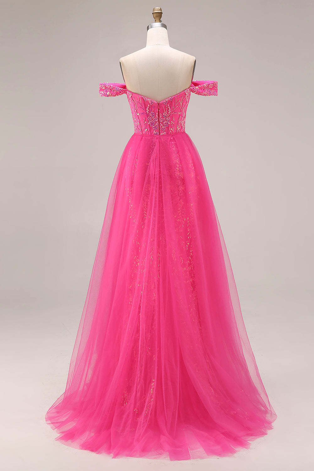 Floral Fuchsia Mermaid Sparkly Off the Shoulder Long Prom Dress with Cape