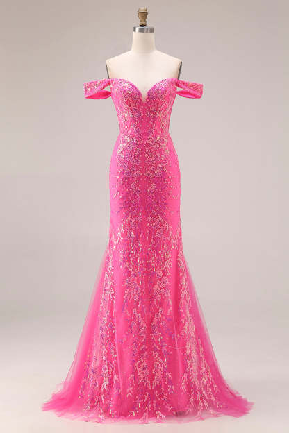 Floral Fuchsia Mermaid Sparkly Off the Shoulder Long Prom Dress with Cape