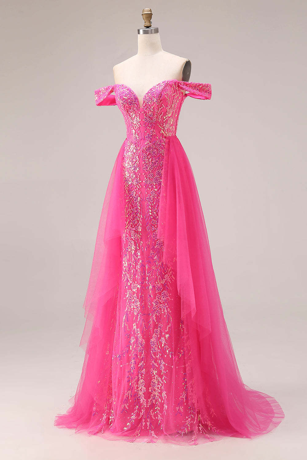 Floral Fuchsia Mermaid Sparkly Off the Shoulder Long Prom Dress with Cape