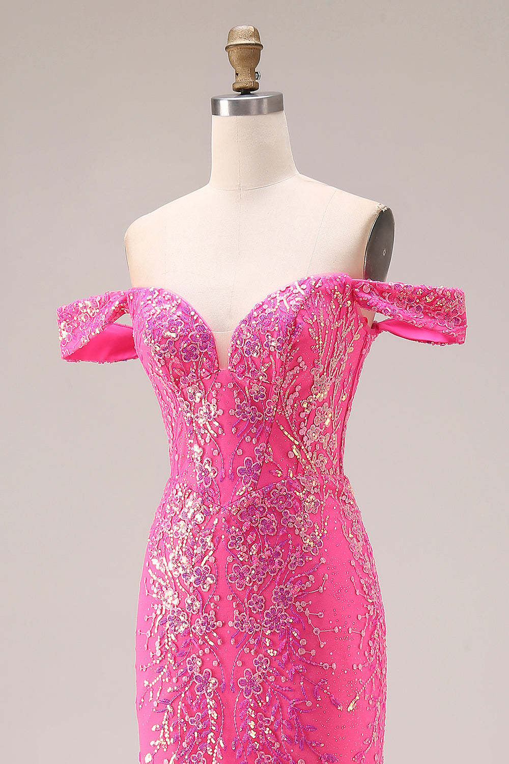 Floral Fuchsia Mermaid Sparkly Off the Shoulder Long Prom Dress with Cape