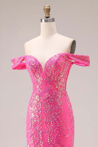 Floral Fuchsia Mermaid Sparkly Off the Shoulder Long Prom Dress with Cape