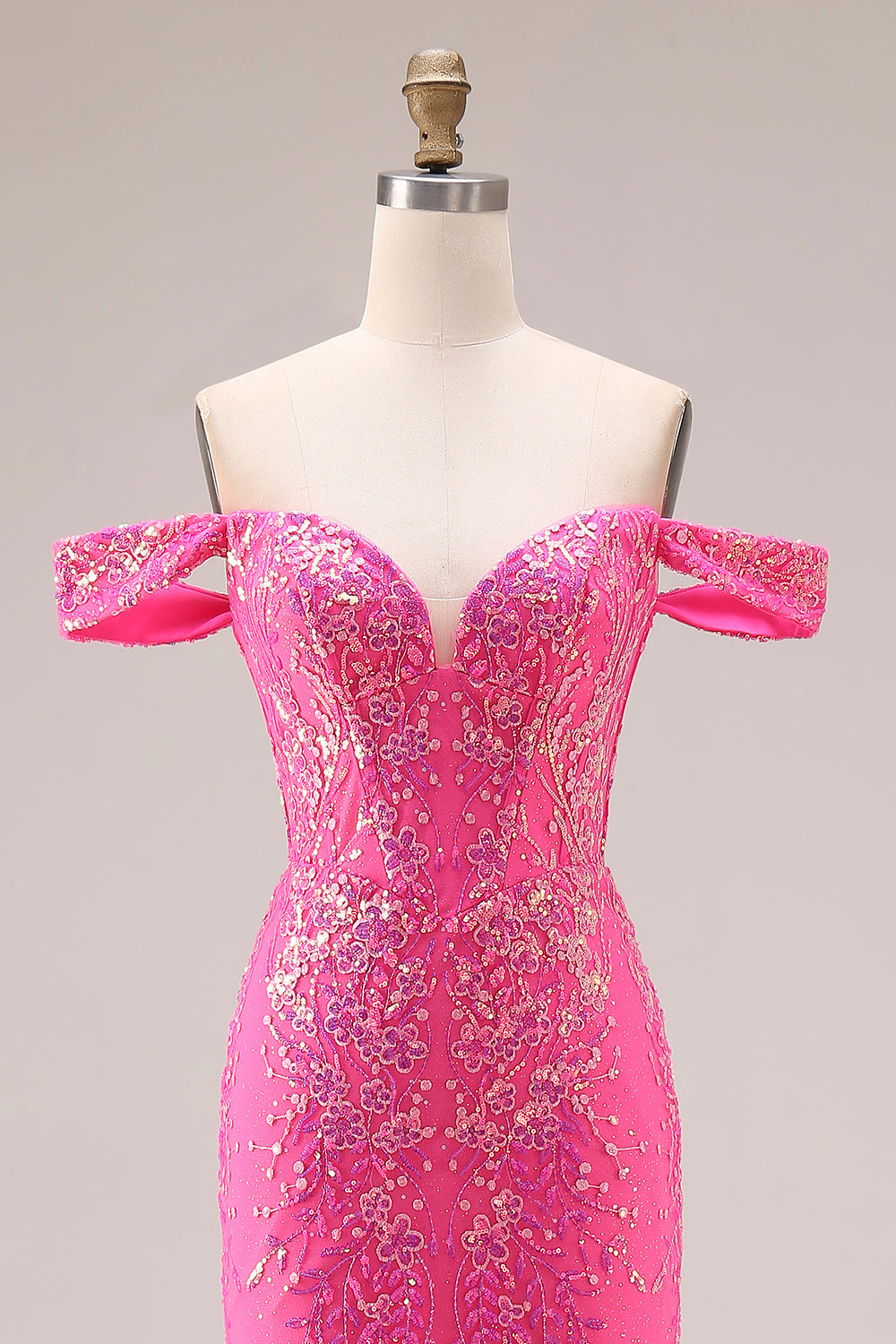 Floral Fuchsia Mermaid Sparkly Off the Shoulder Long Prom Dress with Cape