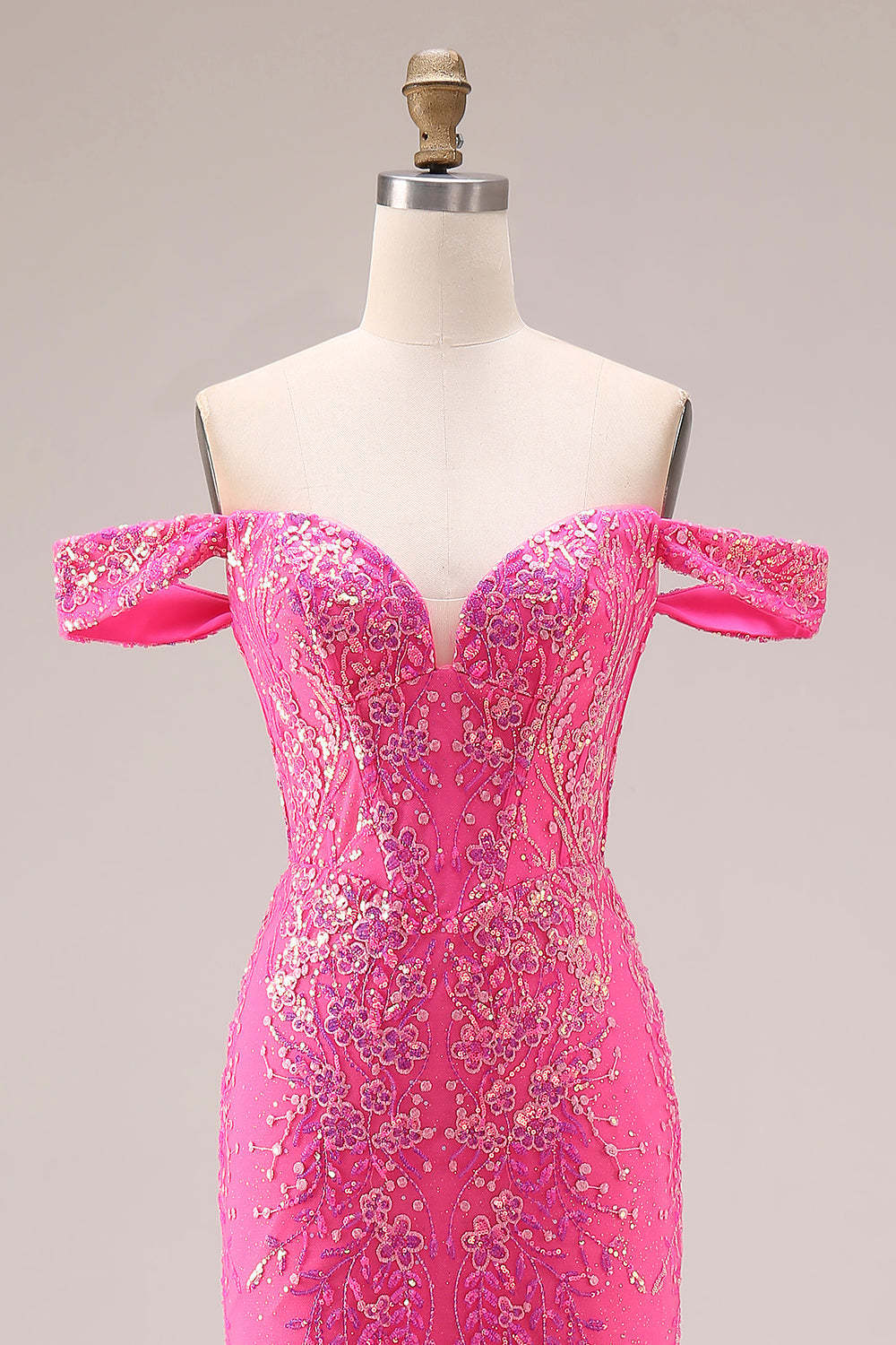 Floral Fuchsia Mermaid Sparkly Off the Shoulder Long Prom Dress with Cape