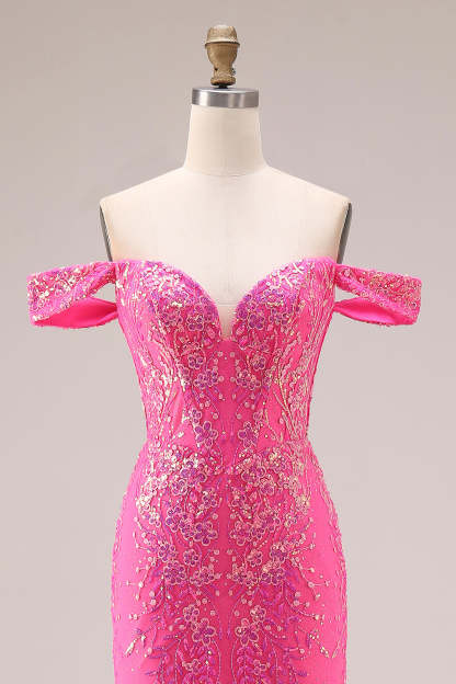 Floral Fuchsia Mermaid Sparkly Off the Shoulder Long Prom Dress with Cape